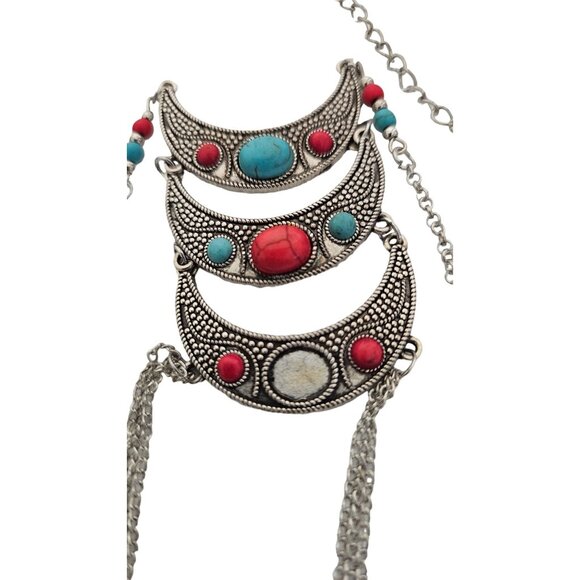 Bohemian Silver-Tone Crescent Pendant Necklace Turquoise & Red Beads 18" READ - Picture 3 of 6